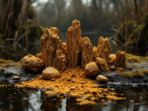 a hyper-realistic, educational image showcasing limonite’s earthy textures
